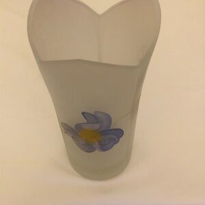 Murano Style Frosted Crystal Glass Vase Blue Flower and Gold Scroll Design Tulip
